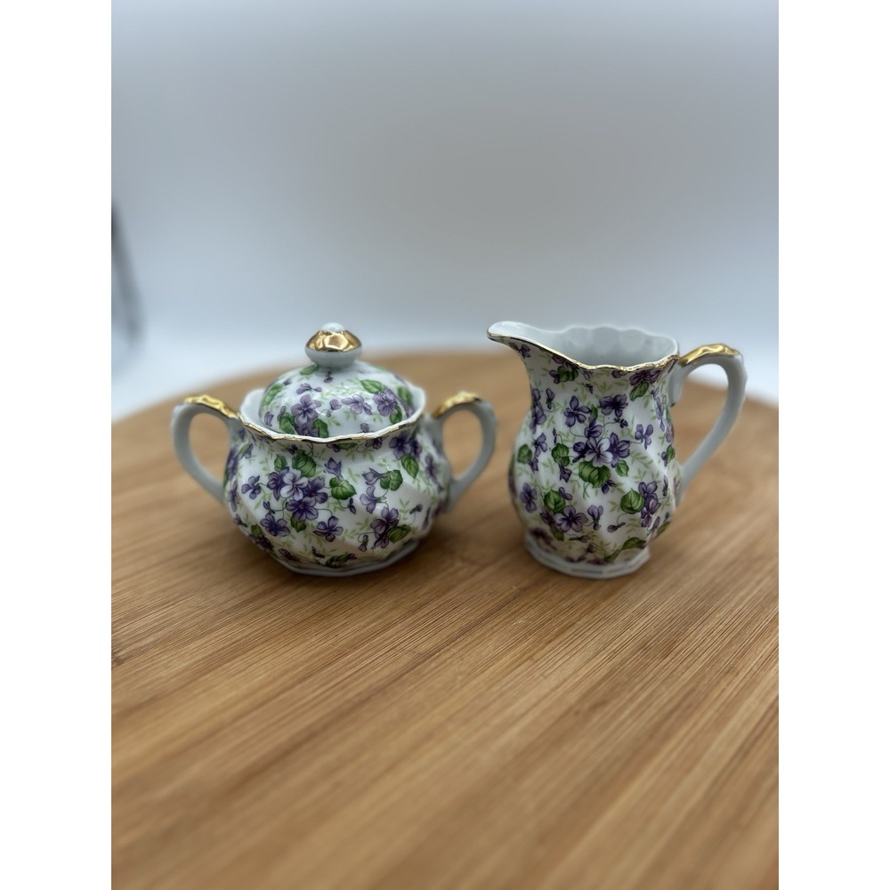LEFTON CHINA HAND PAINTED 912V  VIOLET‎ CHINTZ  CREAMER & SUGAR BOWL W/LID- VTG